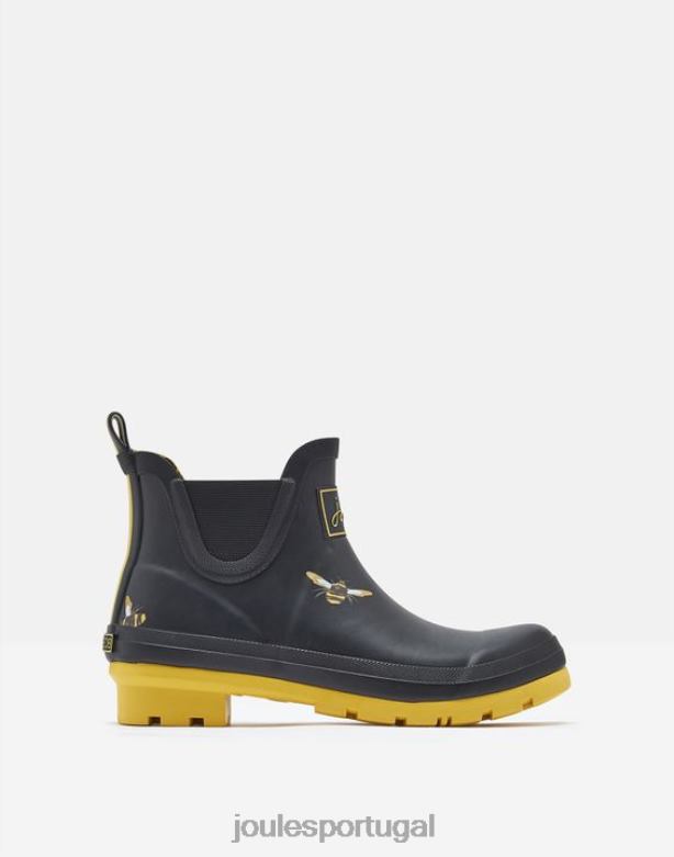 botas de chuva estampadas de altura curta mulheres abelhas metálicas pretas Joules calçados 2X26V144