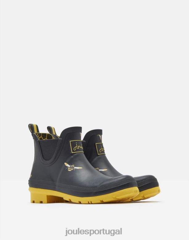 botas de chuva estampadas de altura curta mulheres abelhas metálicas pretas Joules calçados 2X26V144