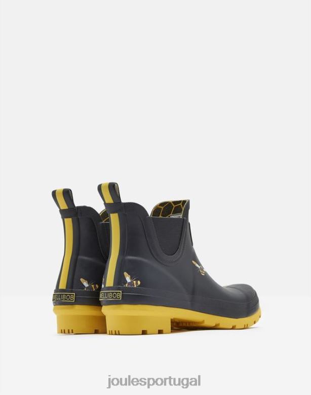 botas de chuva estampadas de altura curta mulheres abelhas metálicas pretas Joules calçados 2X26V144