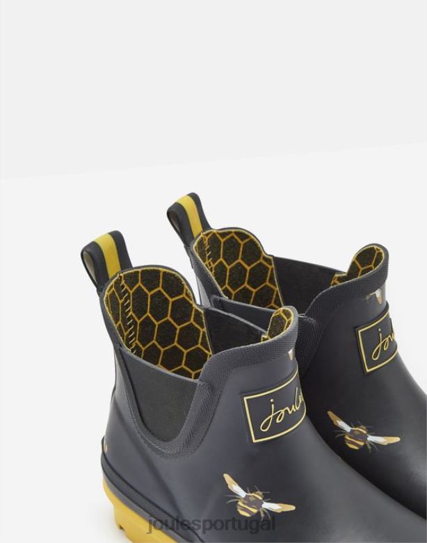 botas de chuva estampadas de altura curta mulheres abelhas metálicas pretas Joules calçados 2X26V144