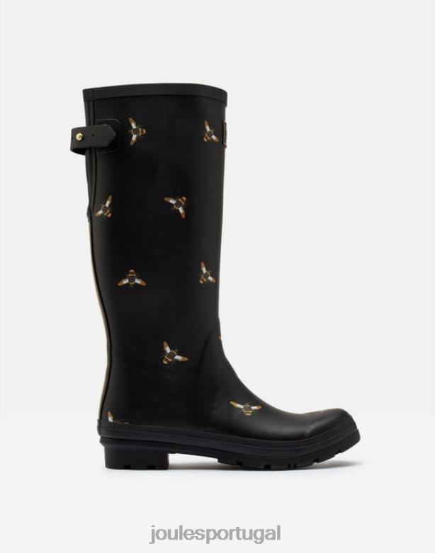 estampa de bota de chuva com reforço traseiro ajustável mulheres abelhas metálicas pretas Joules calçados 2X26V147