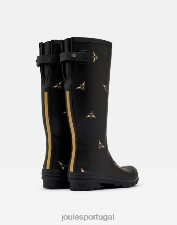 estampa de bota de chuva com reforço traseiro ajustável mulheres abelhas metálicas pretas Joules calçados 2X26V147