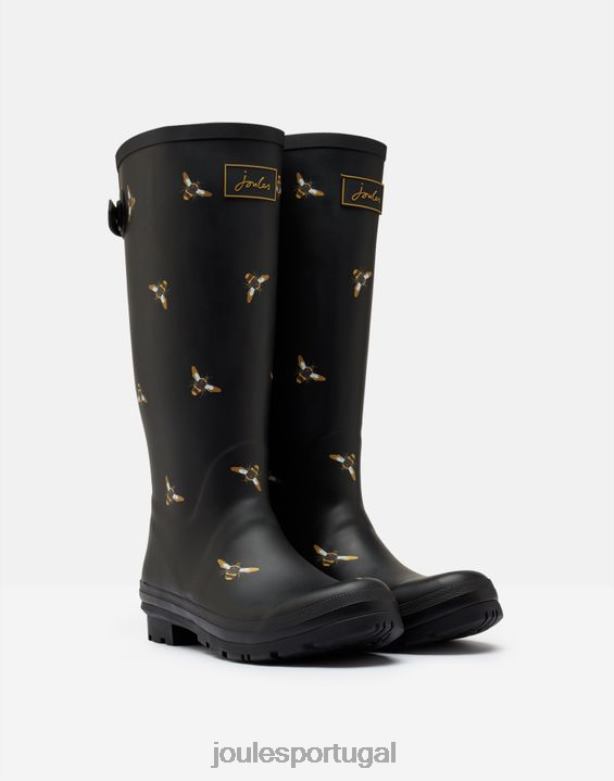 estampa de bota de chuva com reforço traseiro ajustável mulheres abelhas metálicas pretas Joules calçados 2X26V147