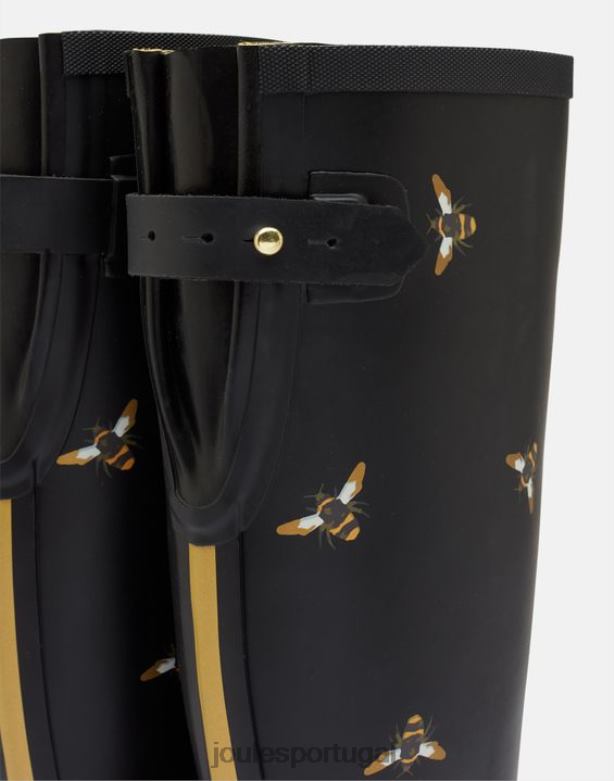estampa de bota de chuva com reforço traseiro ajustável mulheres abelhas metálicas pretas Joules calçados 2X26V147