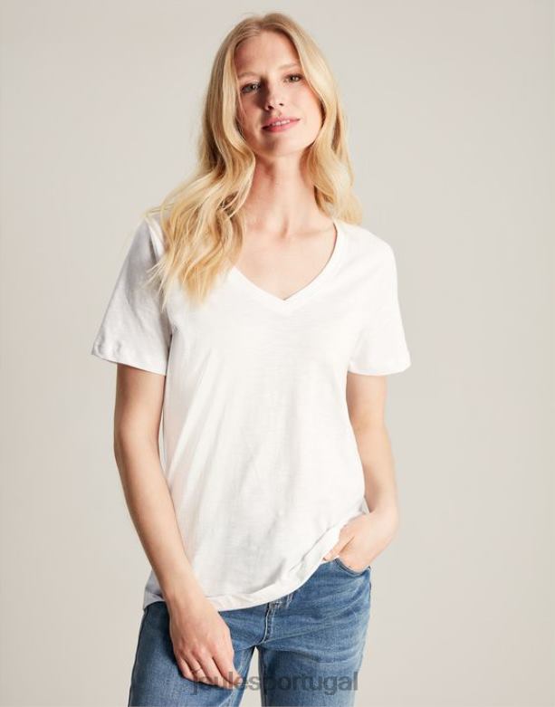 camiseta celina sólida com decote em V mulheres Branco brilhante Joules vestuário 2X26V60